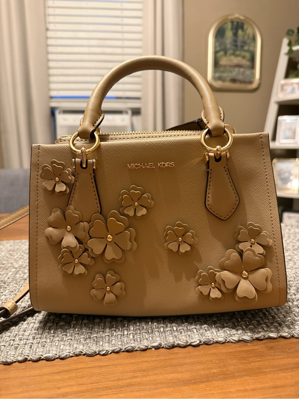 Michael Kors Beige Floral Applique Crossbody Purse